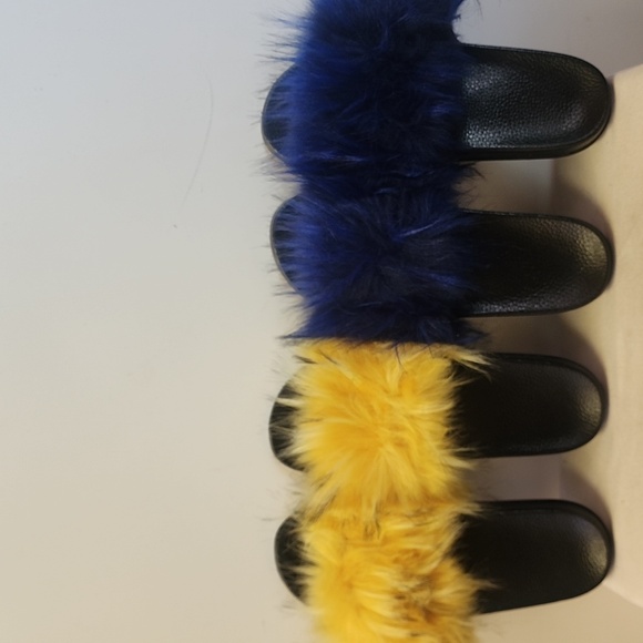 Shoes - NIB. Set Of 2 Yellow and Blue Furry Slide Sandals.